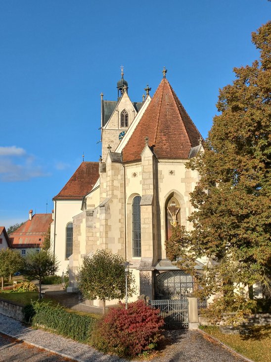 Pfarrkirche St. Martin mit blühenden Bäumen und Sträuchern